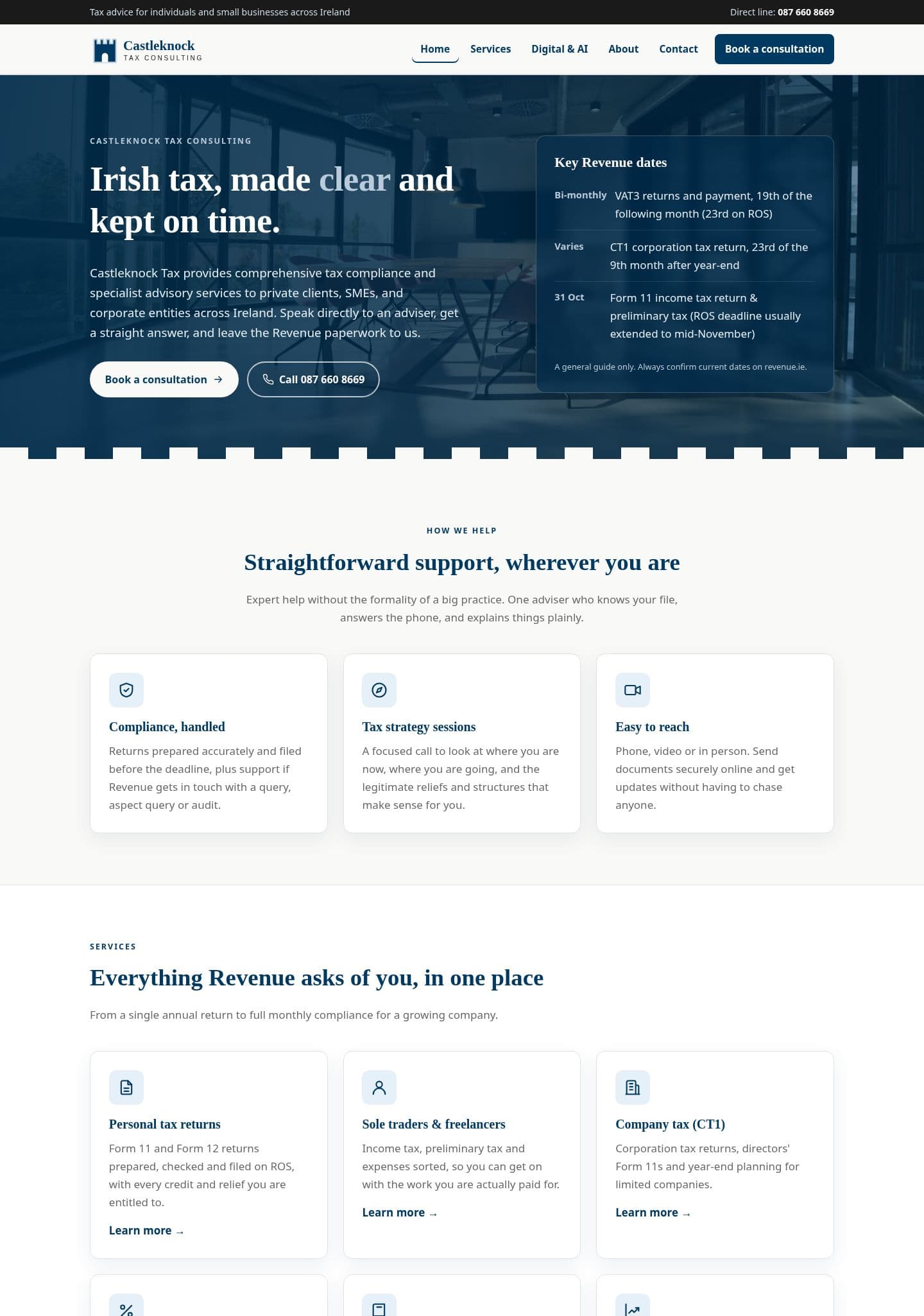 Castleknock Tax homepage showing tax consultancy services