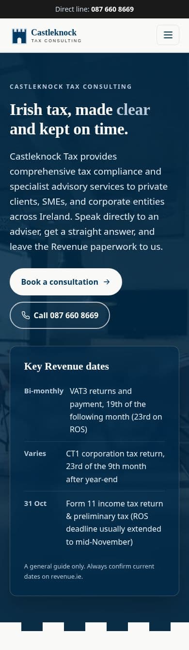 Castleknock Tax homepage on a phone
